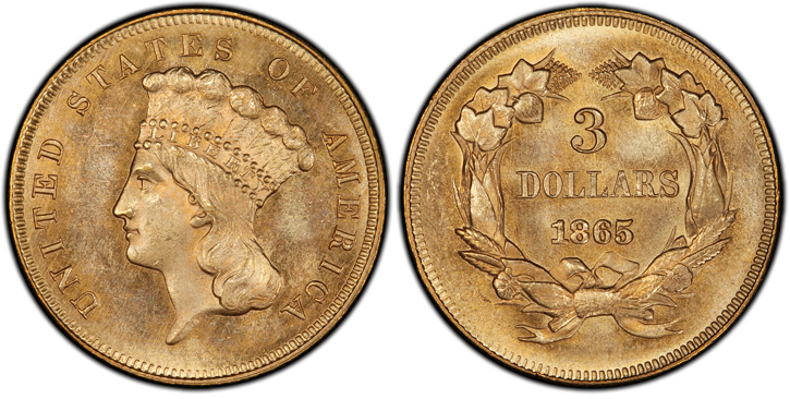 1865 Three-Dollar Gold Piece. MS-66 (PCGS).